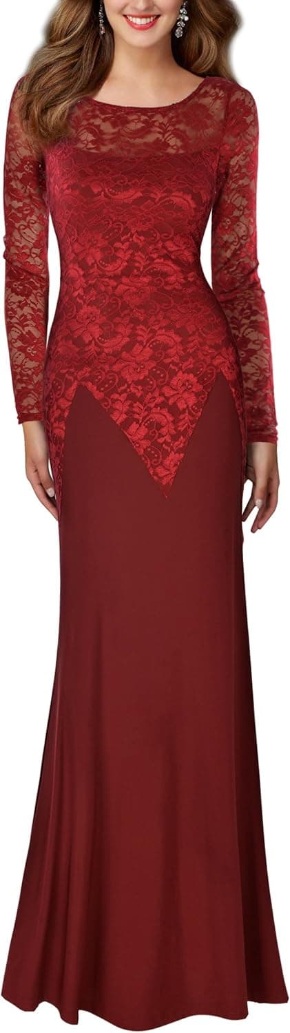 REPHYLLIS Women's Retro Floral Lace Wedding Maxi Bridesmaid Long Dress M Red