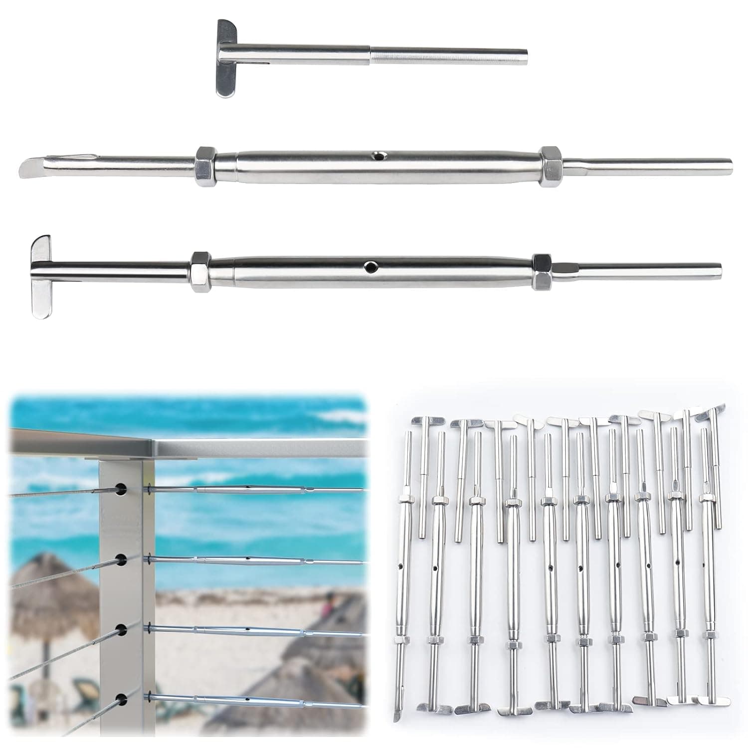 Muzata 10Set Cable Railing Kit 1/8" Swage Turnbuckle Hardware ONLY for Metal Post Wall Mount End Post Corner Post 180° Adjustable Angle Deck Stairs T316 Stainless Steel for 10 Cable Lines CK21