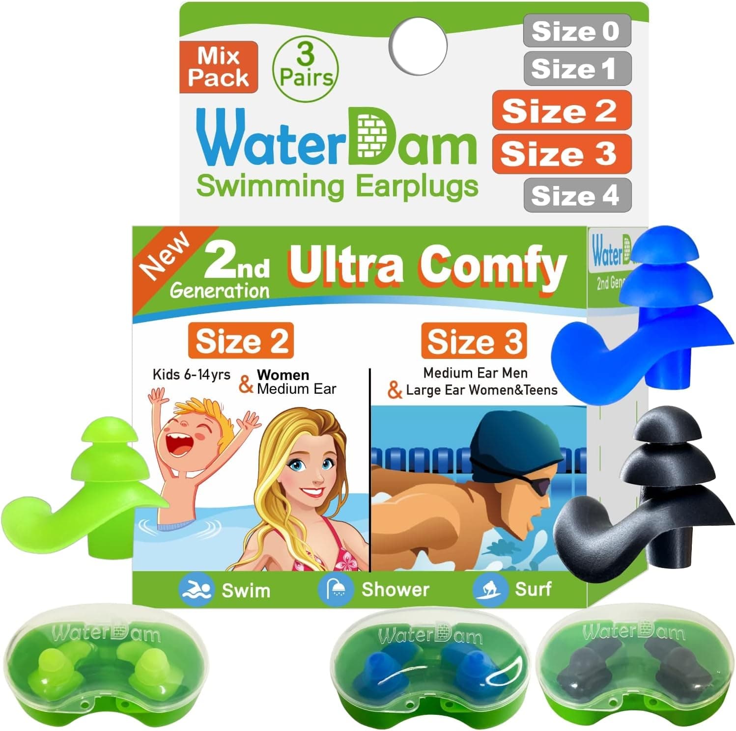 WaterDam Swimming Ear Plugs Great Waterproof Ultra Comfy Earplugs Prevent Swimmer's Ear (Size 2+3+3: Small Ear Men (Green) & Large Ear Teens Women (Blue Black))