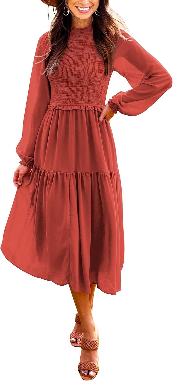 LOGENE Womens Long Sleeve Crew Neck Smocked Elastic Waist Tiered Midi Dress Boho Sun Dresses