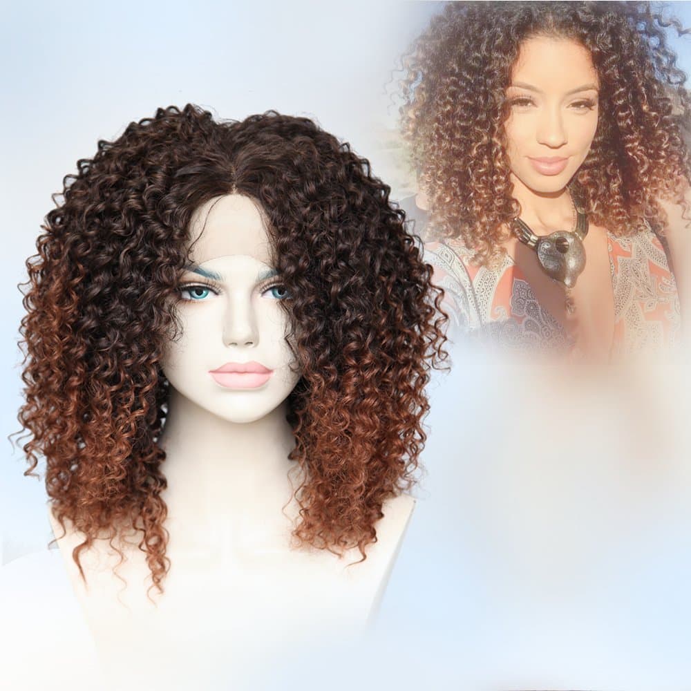 CBWIGS Fiber Hair Afro Kinky Curly Synthetic Lace Front Wigs Two Tone Ombre Brown Long Fluffy Wig (3 inch Paring Space) 16 inch #2/30