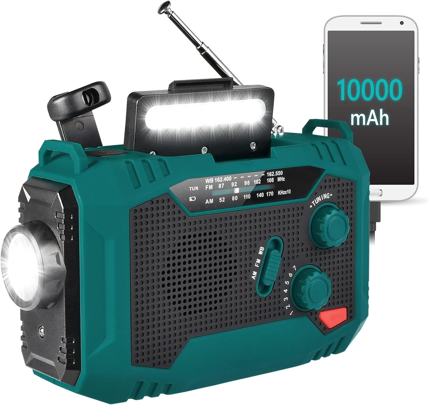10000mAh Emergency Radio, Solar Hand Crank Radio, Portable AM/FM/NOAA Weather Alert Radio, Indoor Ourdoor Emergency Survival Radio with Power Bank for Phone Charging, SOS Alarm, Flashlight - 14.1oz