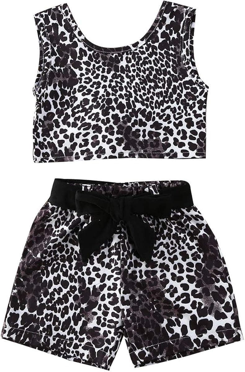 Toddler Kids Girls Leopard Outfit Sleeveless T-Shirt Backless Top + Shorts 2Pcs Summer Clothes Set