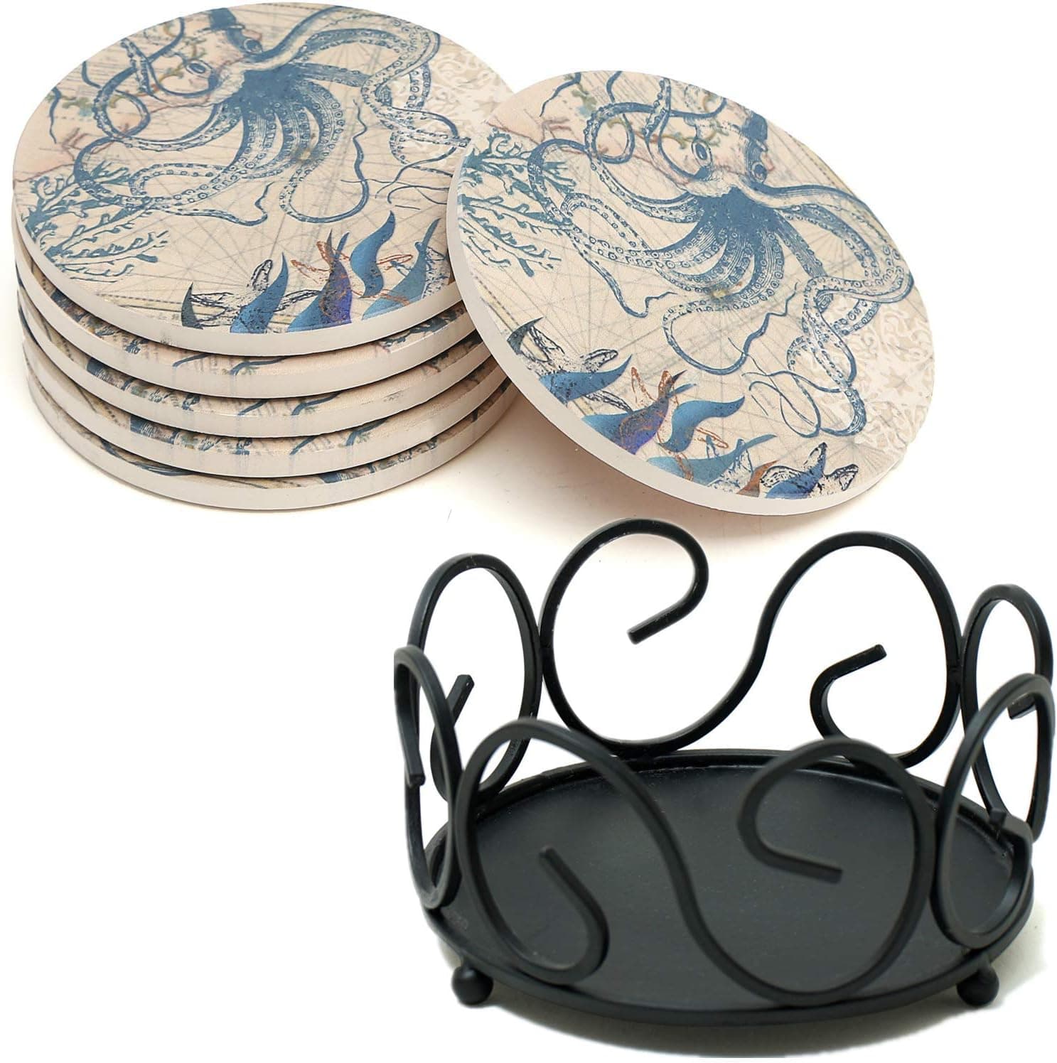 Round Coasters & Holder Bundle - 6 Pack Absorbent Cup Mats PLUS Black Iron Holder - ENKORE Classic Coaster Set Keep Your Table Top Clean & Tidy Without Sacrificing Style, Cork Back & Felt Pad Included