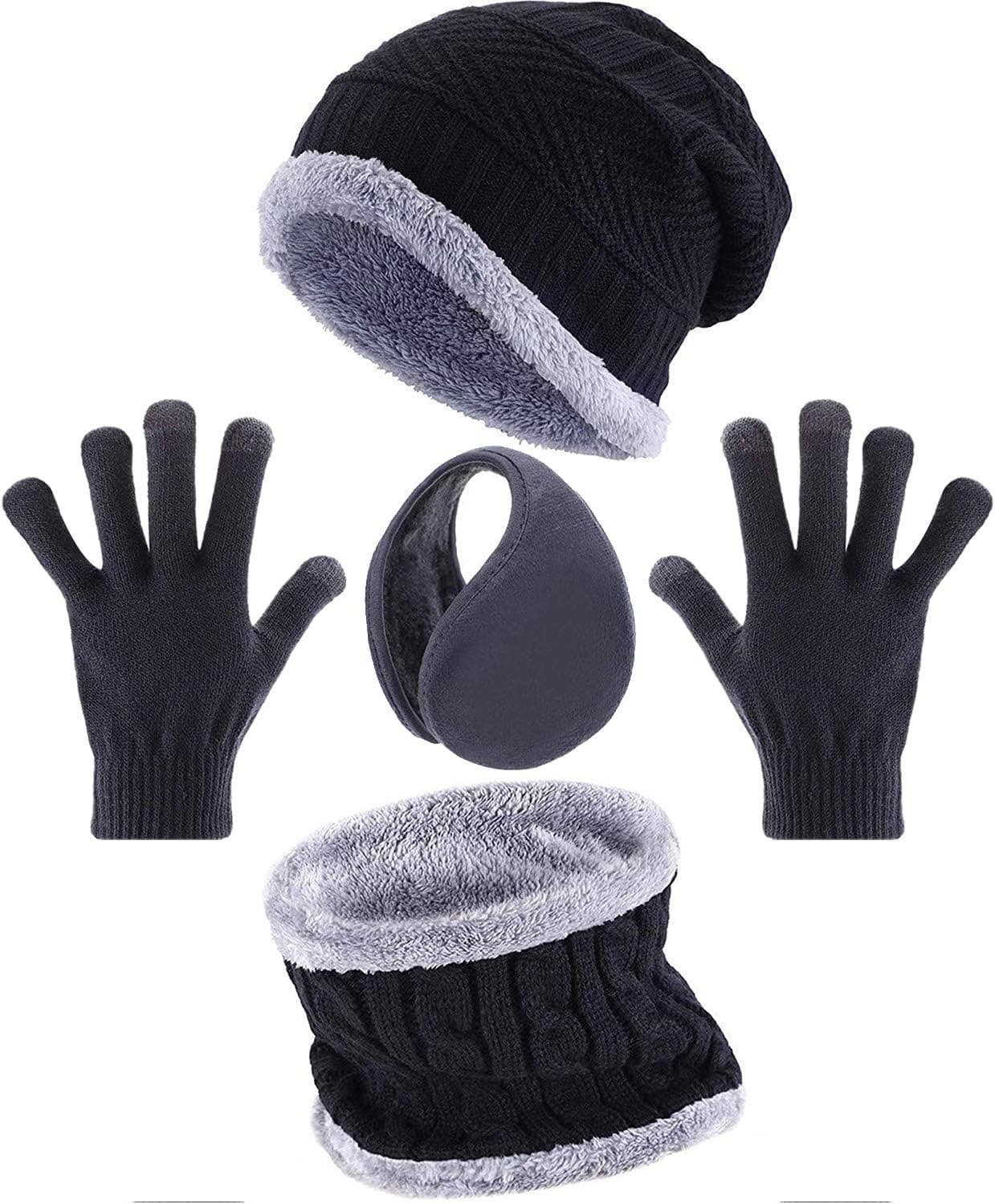 Tatuo 4 Pieces Ski Warm Set includes Winter Hat Scarf Warmer Gloves Winter Outdoor Earmuffs for Adults Kids (Black)