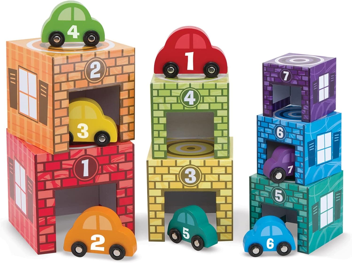 Melissa & Doug Nesting and Sorting Garages and Cars With 7 Graduated Garages and 7 Stackable Wooden Cars - Numbers Learning Toys, Car Garage Toy, Sorting And Stacking Toys For Toddlers Ages 2+