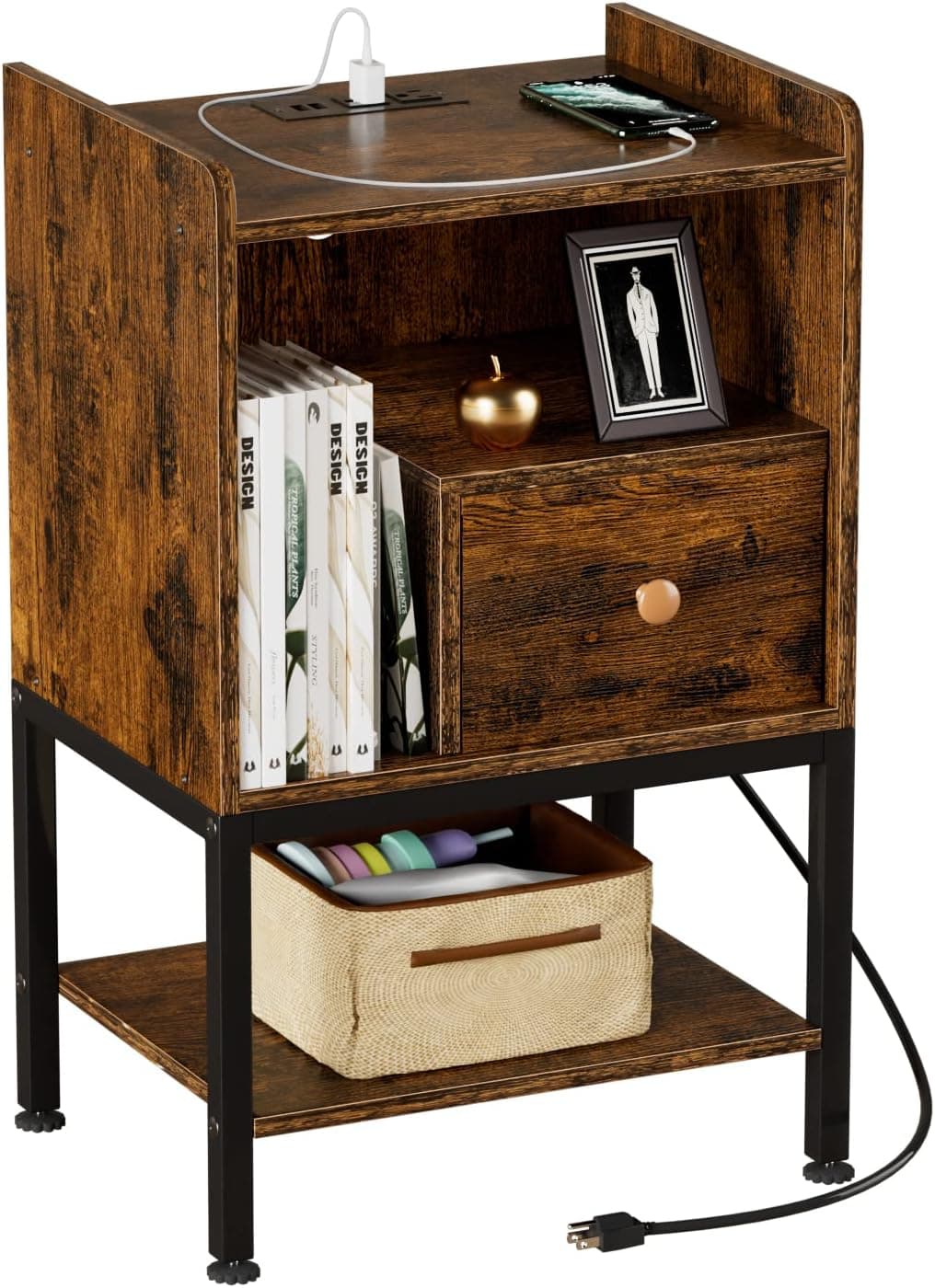 Gannyfer Nightstand with Charging Station,Night Stand with USB Ports and Storage Drawer,Modern 3-Tier End Side Table,Small Wood Bedside Table for Bedroom,Living Room,Rustic Brown