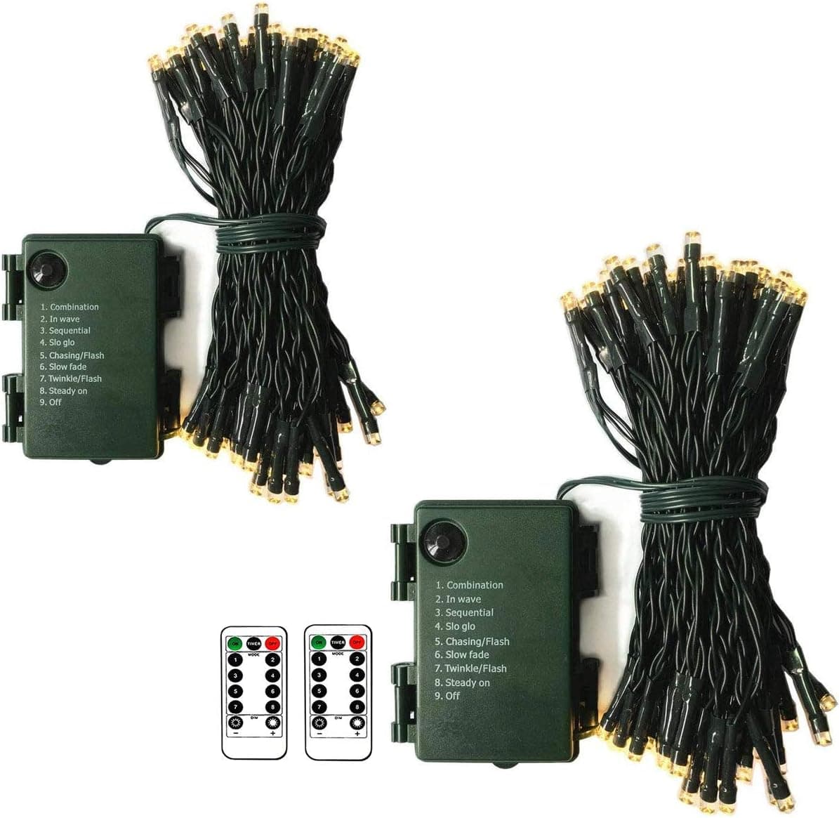 DBFAIRY 2 Pack-16.4ft Outdoor Christmas Tree String Lights 50 Warm White LEDs Battery Operated with Remote Control Green Cable 8 Modes Changing for Bedroom Party Xmas Patio Decor