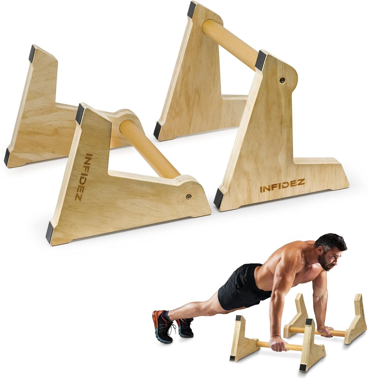 INFIDEZ 20x12 inch Height Adjustable Wooden Parallettes and Push Up Bars, Non-Slip Gymnastic Parallel Bars, Push Up Handles For Floor, Handstand Bars, Calisthenics Equipment for Indoor and Outdoor Workout