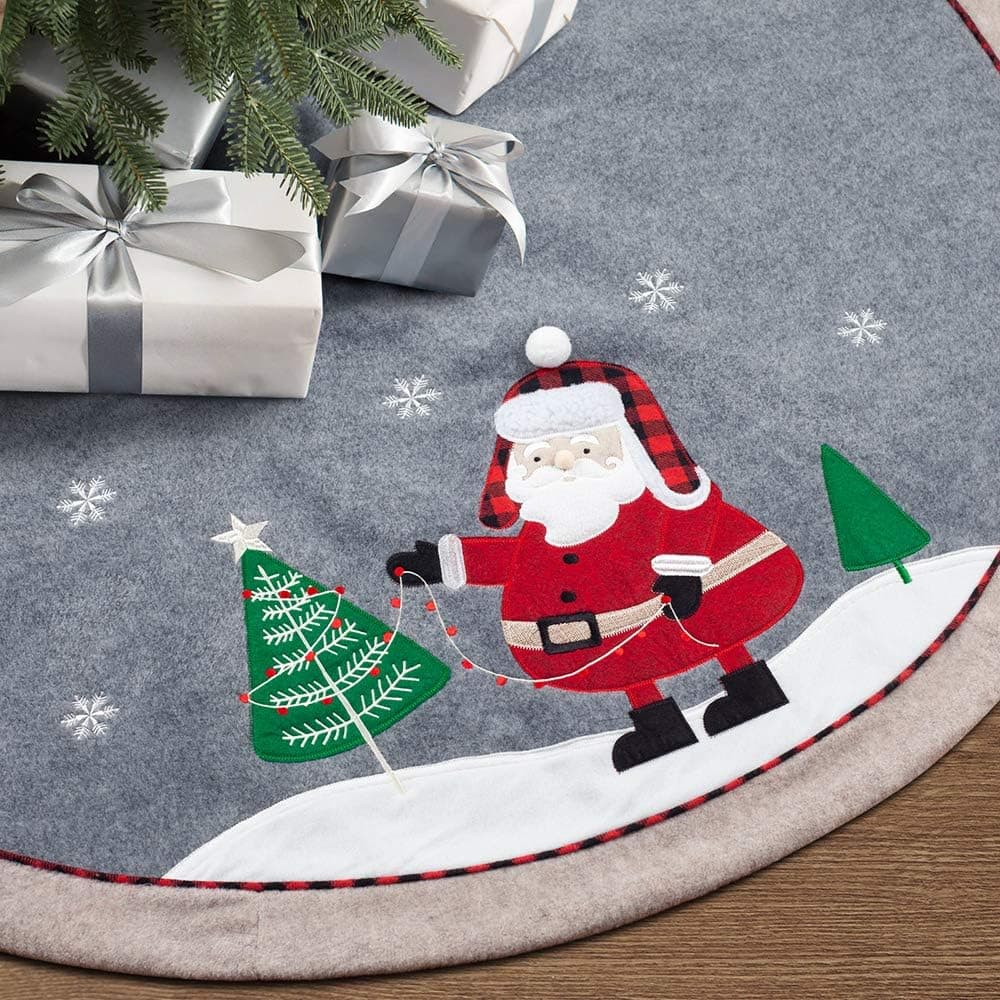 HAUMENLY Christmas Tree Skirt Grey Non-Woven Fabric with Santa Claus Xmas Tree Decoration - 48 Inches