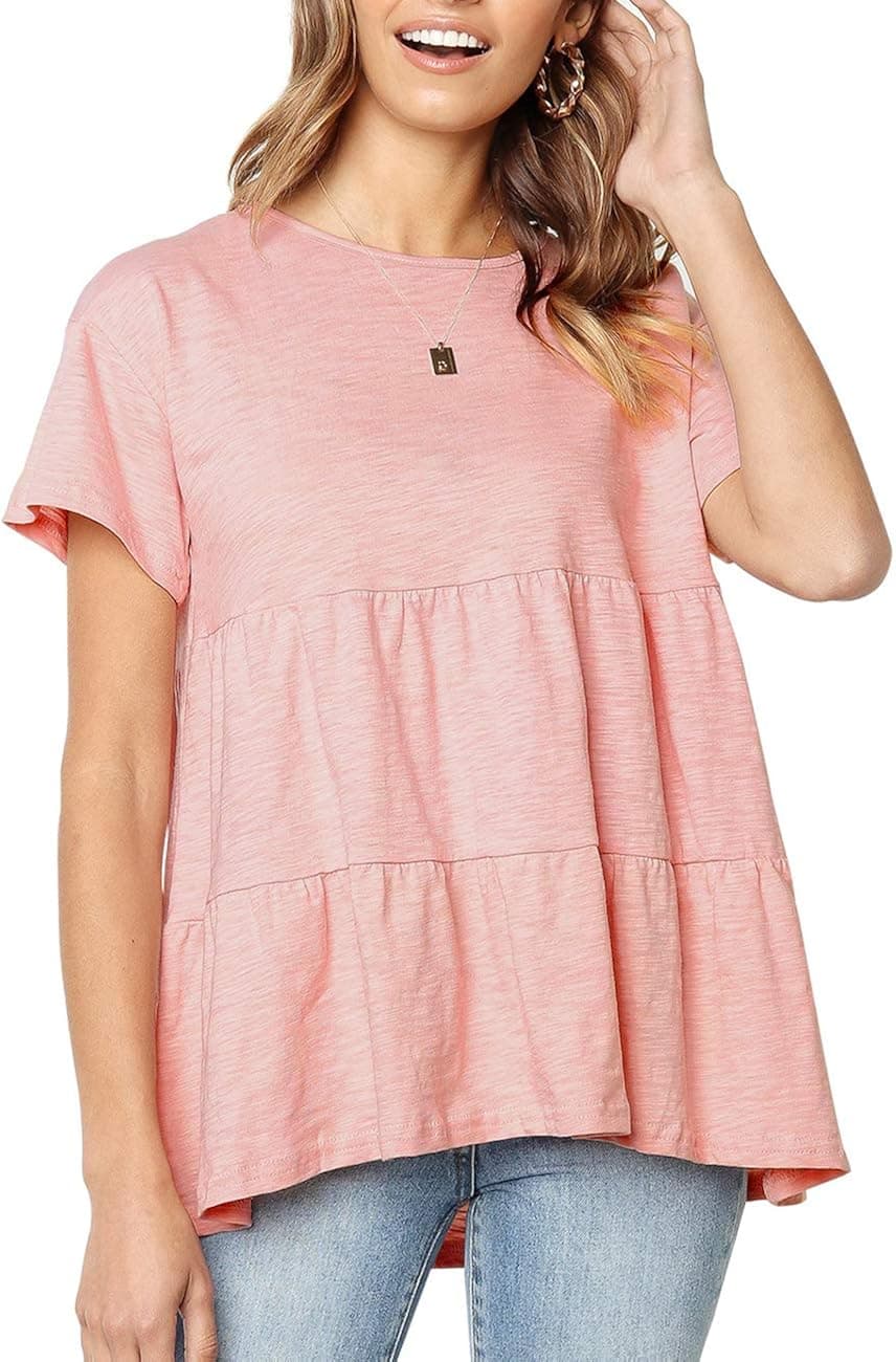 Women's Summer Short Sleeve Loose T Shirt High Low Hem Babydoll Peplum Tops
