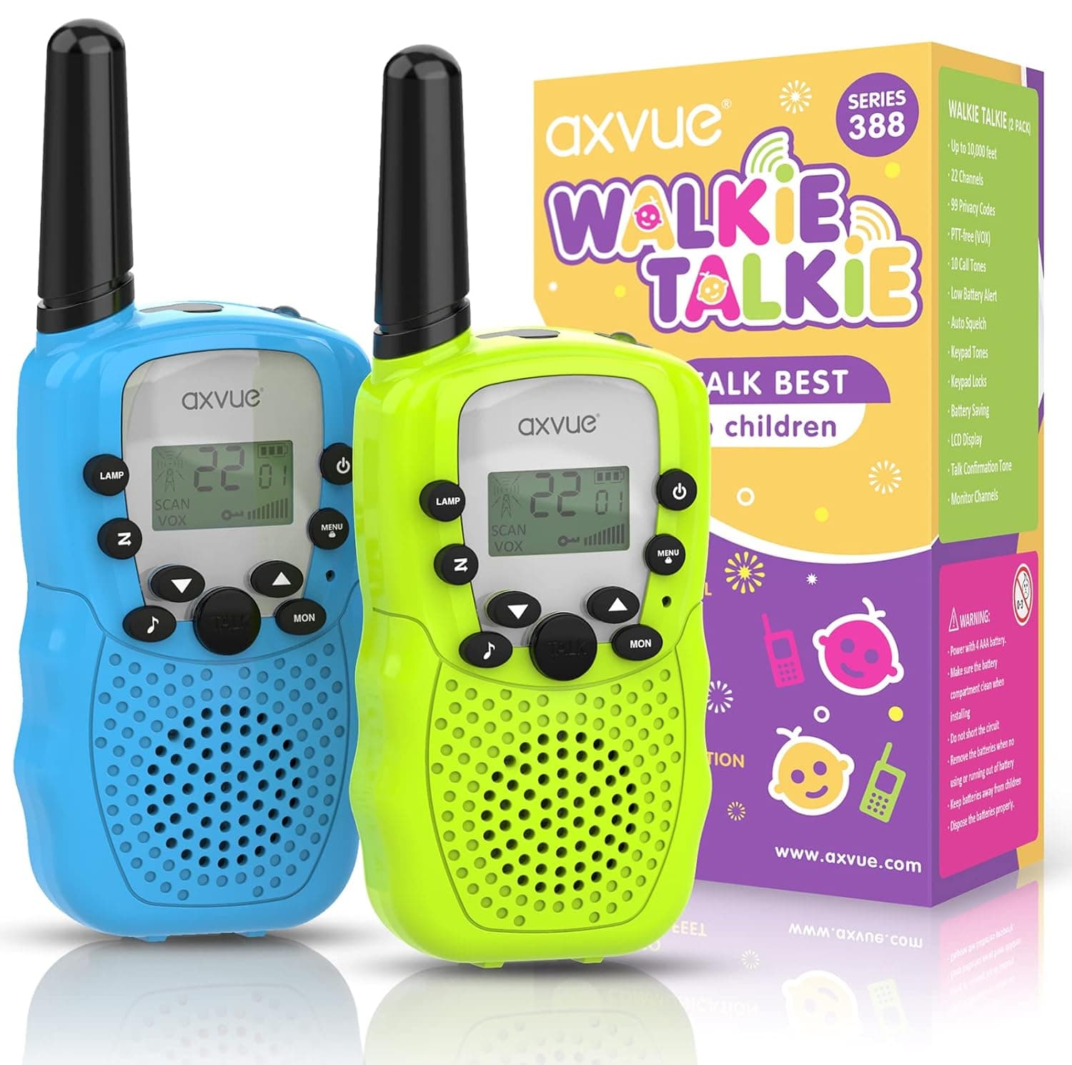 Axvue Walkie Talkies 2 Pack, Long Range 1.86mi High Capacity Battery Festival Birthday Camping Hiking Events Gift Toy for Boys and Girls Kids Teen 22 Channels 2 Way T388