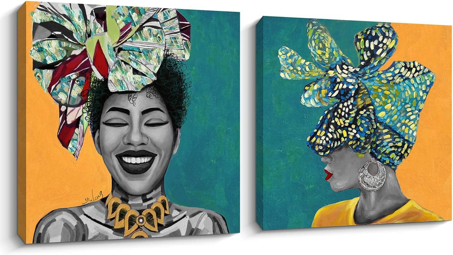Pigort African American Wall Art Canvas Set of 2 Woman Girls Paintings Artworks for Wall Living Room Bedroom Wall Décor (Set of DE)