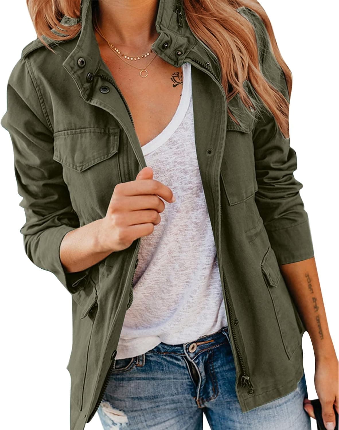 Pepochic Womens Military Jacket Zip Up Snap Buttons Lightweight Utility Anorak Field Safari Coat Outwear…