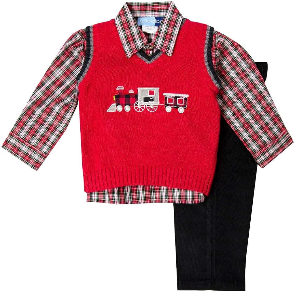 Good Lad Toddler and 4/7 Boys Red Train Appliqued Holiday Three Piece Sweater Set