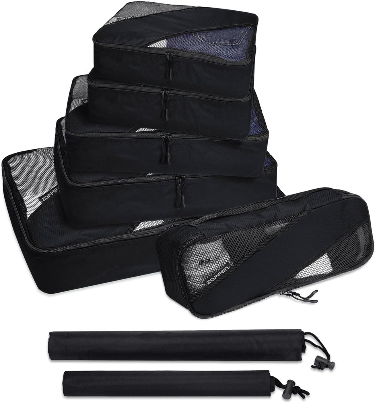 Zoppen 6 Set Packing Cubes (Large, Medium, Small and Slim) - Travel Luggage Organizer with Laundry Bag and Shoe Bag, Black