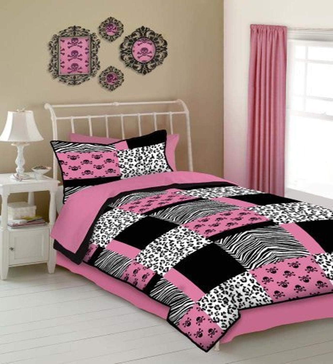 Veratex Pink Skulls Bedding Collection Modern Graphic Kids Bedroom 4-Piece Comforter Set, Graphite, Queen Size
