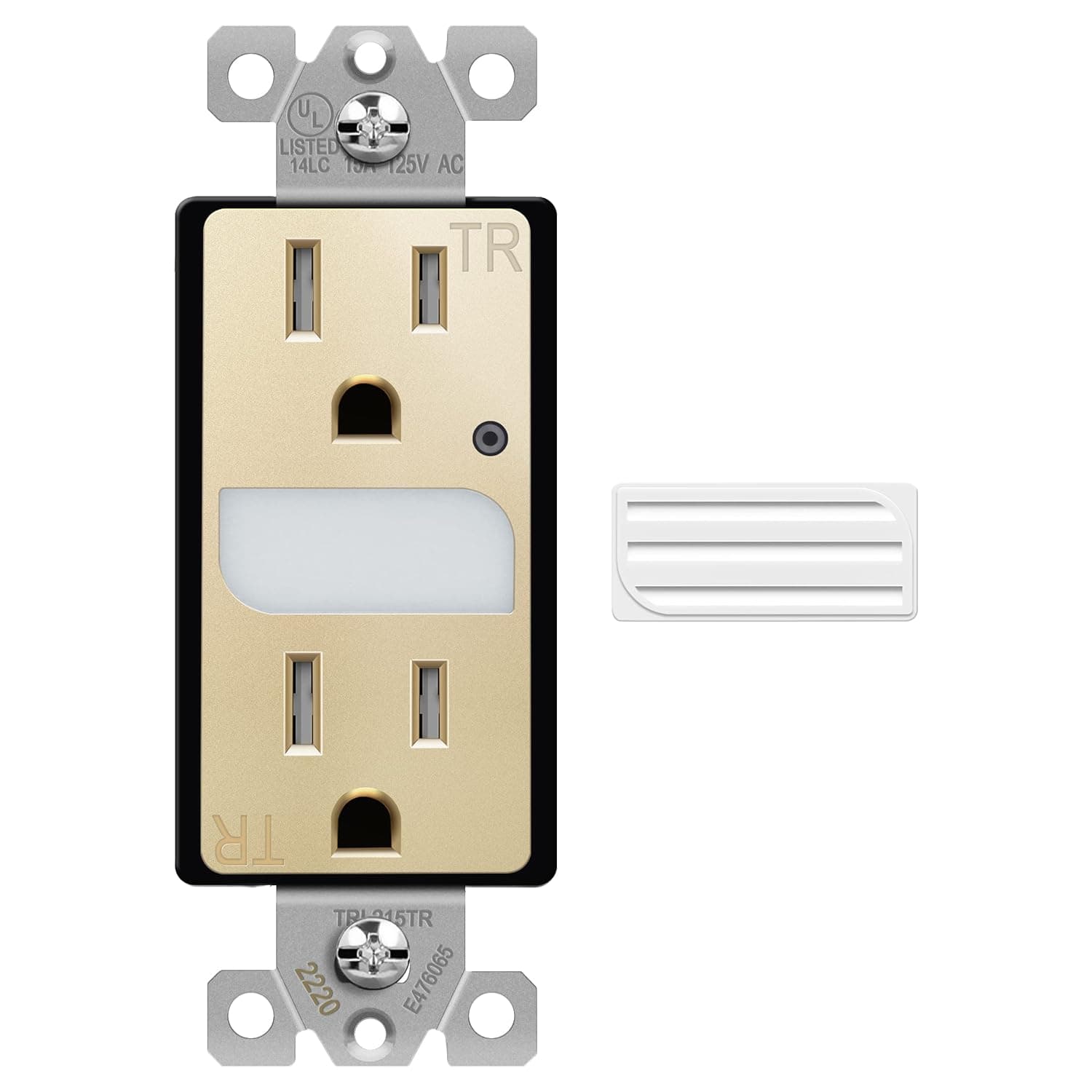 TOPGREENER LED Guide Light Receptacle with Automatic Daylight Sensor, Night Light Decorator Wall Outlet, 125VAC/15A Tamper-Resistant Receptacle, TGL215TR-GD, Gold