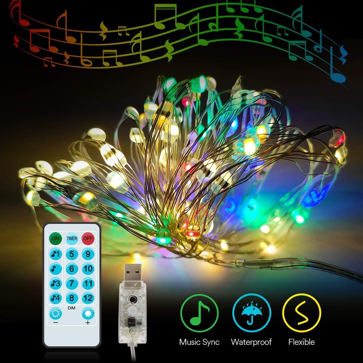 Lumary Music Sync 100 LED 33ft String Light, USB Powered Dimmable Fairy Lights with Timer and Remote Control, Waterproof Decorative Lights for Bedroom, Patio, Garden, Parties, Wedding, Christmas