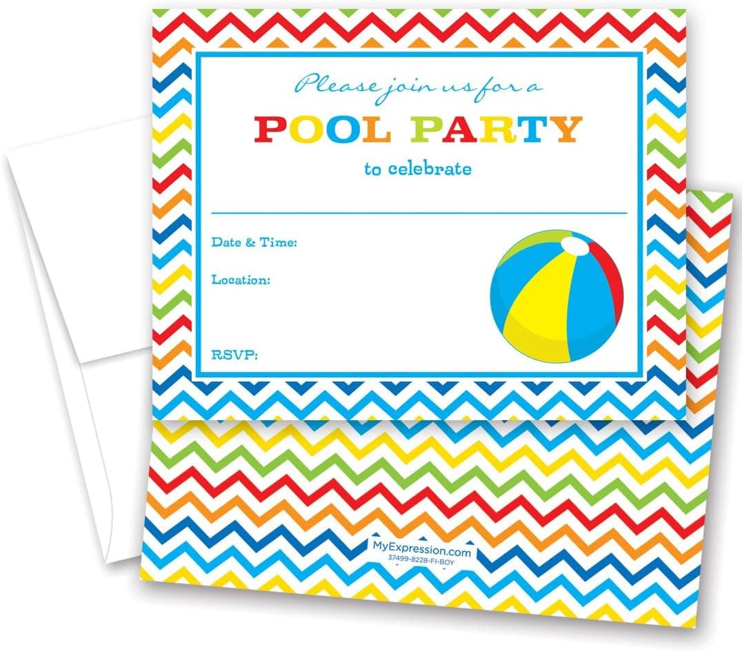 MyExpression.com 24 Pool Party Beach Ball Fill-in Kids Birthday Party Invitations