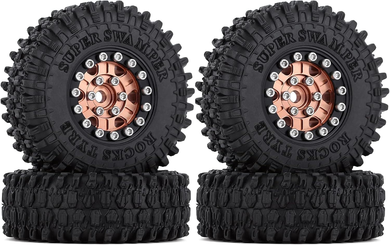 INJORA 1.0 Beadlock Wheels and Tires 4Pcs Metal Micro Crawler Tires for 1/24 RC Crawler Car Axial SCX24 90081 Gladiator Bronco C10 Deadbolt(Black&Copper)