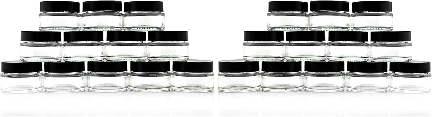 15-Milliliter Clear Glass Balm Jars (24-Pack); 1/2 oz Cosmetic Jars with Lined Black Plastic Lids