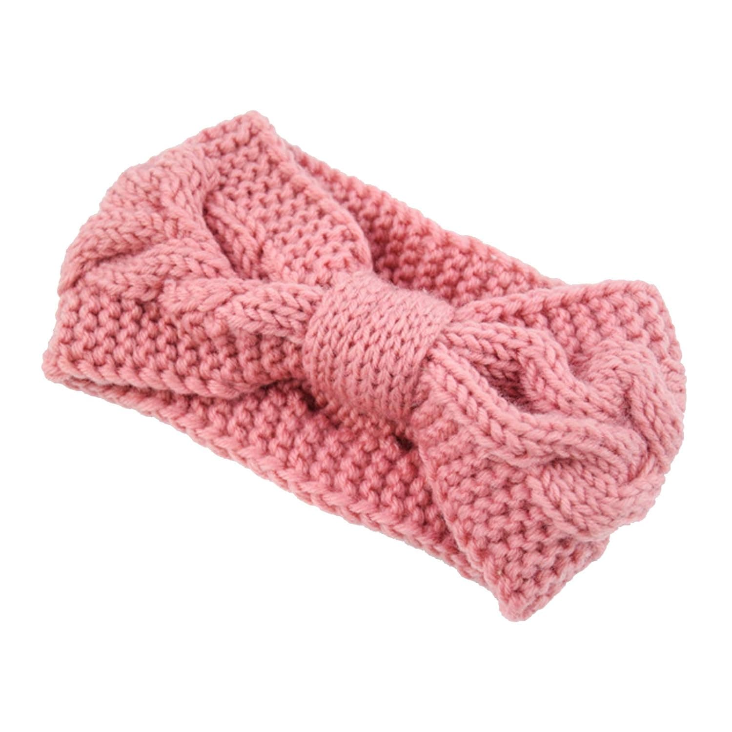 Knit Headbands Elastic Turban Head Wraps with Crocheted Bow Knot, Hair Band Accessories, Hair Scrunchies Scarves for Women Girls Solid Woven Bow Matching Headbands Super Soft (Pink)