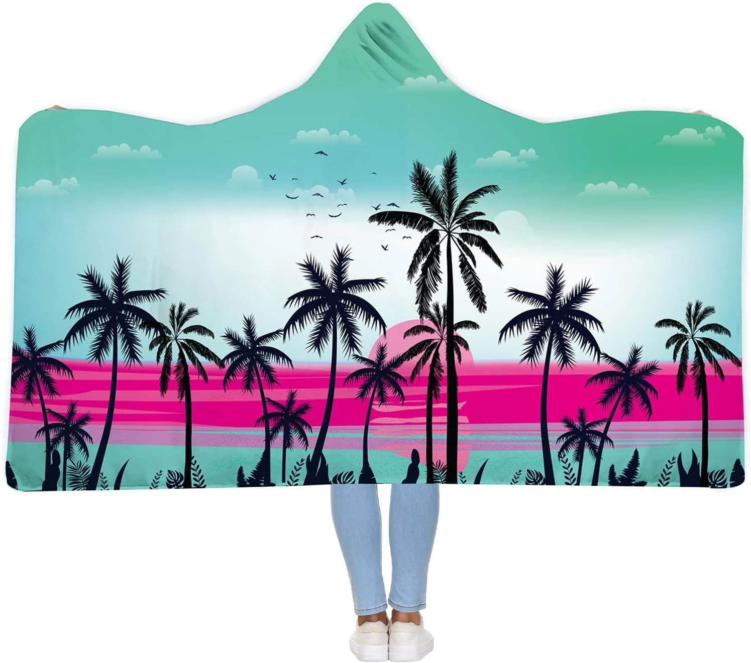 uideazone Wearable Hooded Blanket Beautiful Palm Tree Hawaii Super Soft Digital Print Hooded Throw Wrap Premium Warm Throw Blanket Hooded Cloak for Mens Womens