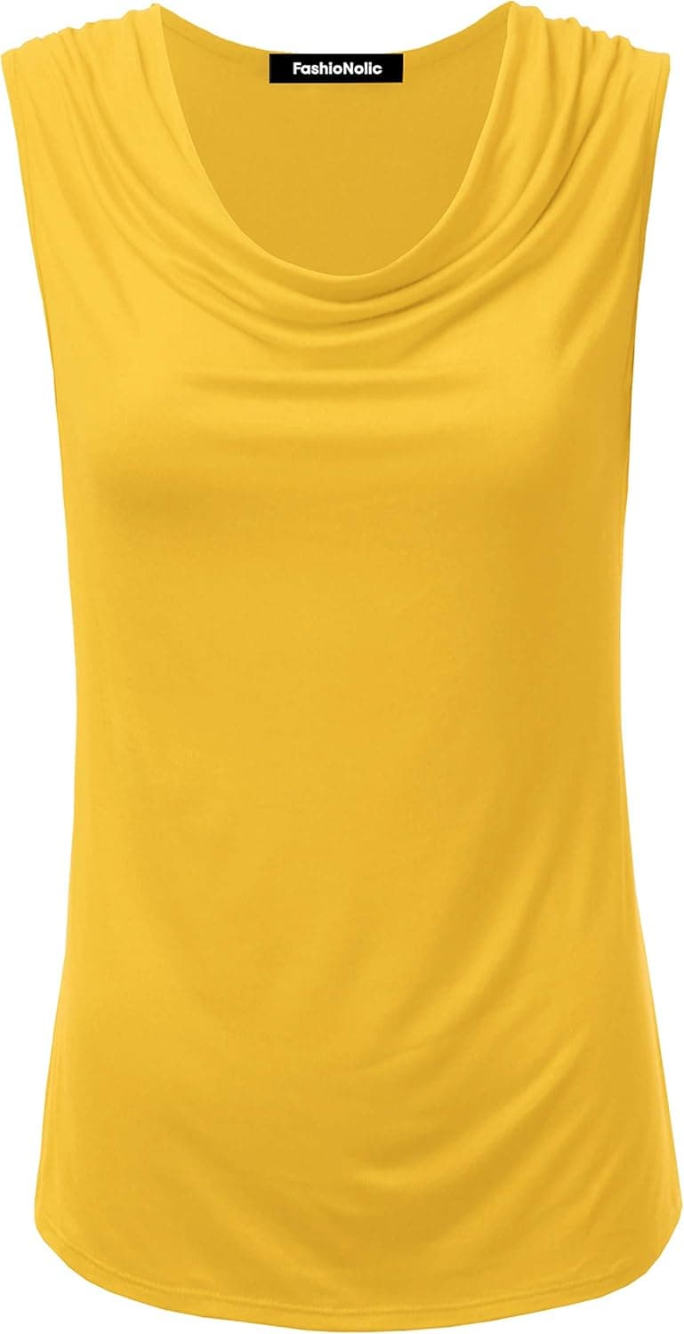 FASHIONOLIC Women's Cowl Neck Ruched Draped Sleeveless Stretchy Blouse Casual Tank Top (Made in USA)
