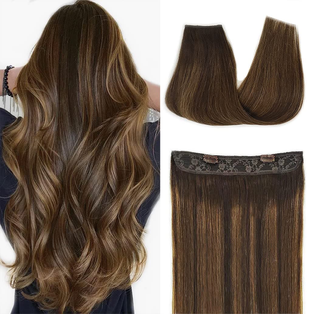 Hair Extensions 20 Inch Hair Extensions Real Human Hair Dark Brown with Chestnut Brown Straight Hair Extensions Balayage Human Hair Extensions Hidden Wire Hair Extensions with Transparent Fish Line Invisible Hairpiece