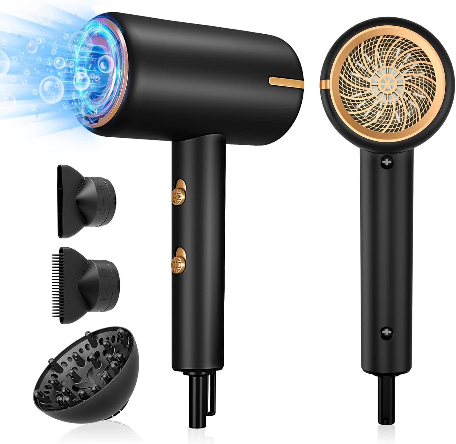 2000W Ionic Hair Dryer, Professional Negative Ion Hair Blow Dryer with Diffuser &2 Nozzles for Curly Hair, Powerful AC Motor, 3 Heating/2 Speed/Cold Settings for Women Men Kids Salon