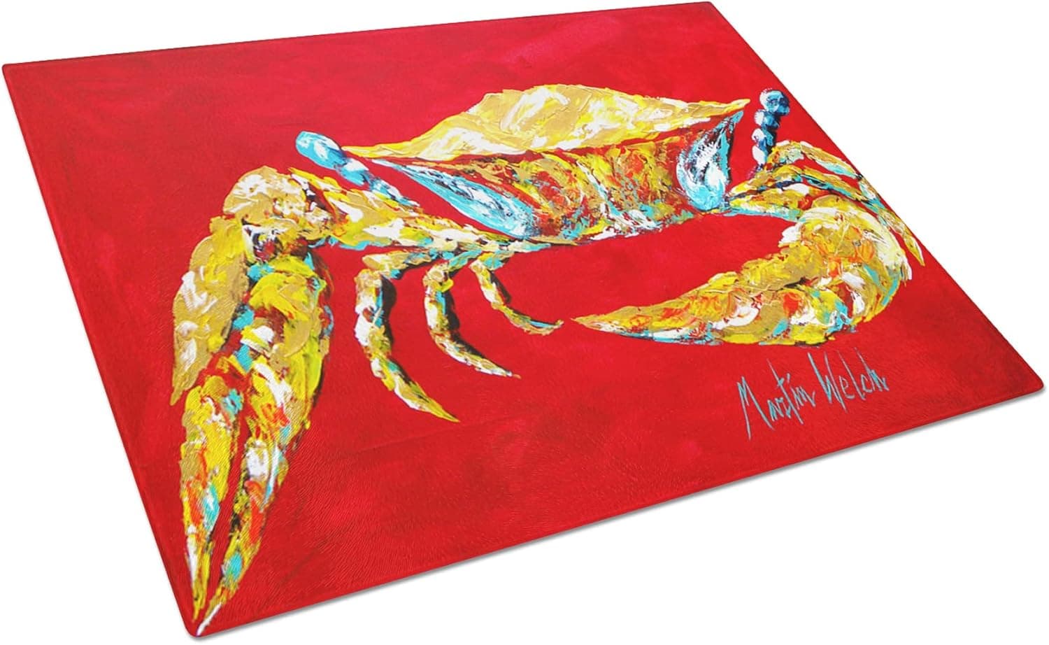 Caroline's Treasures MW1116LCB Crab Blue on Red, Sr Glass Cutting Board Large, Decorative Tempered Glass Cutting and Serving Board Large Size Chopping Board,