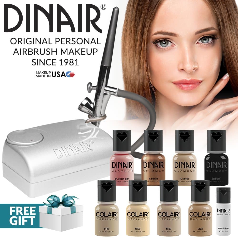Dinair Airbrush Professional Makeup Kit - Medium Shades 4pc Colair Foundation Plus 4pc Bonus Glamour Colors(Shimmer, Shadow/Brow, Blush, Eye Liner) & Concealer