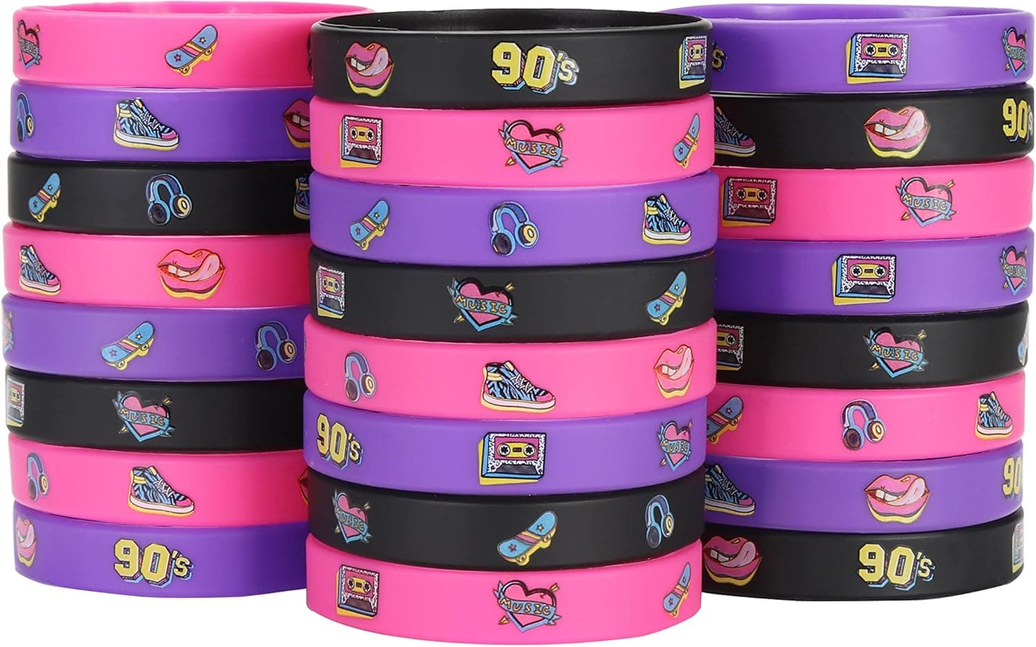 24 Pack 90s Theme Silicone Wristbands Bracelets, Birthday Decoration Funny 1990's Hip Hop Party Favors for Adults