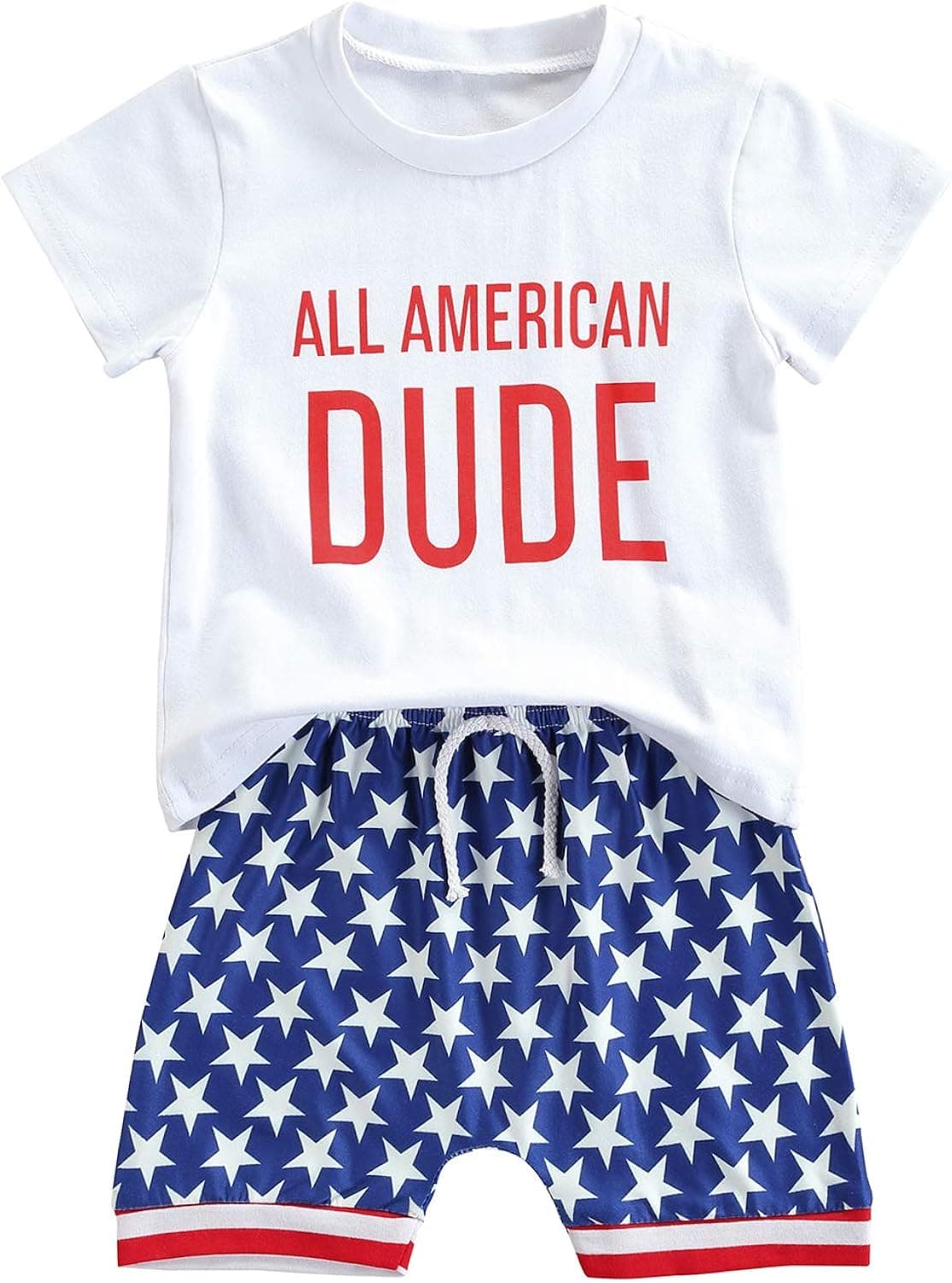 Tiacham Toddler Baby Boy American Flag Clothes Set 2Pcs Outfit 4th of July Funny T-shirt Star Shorts (White , 2-3T )
