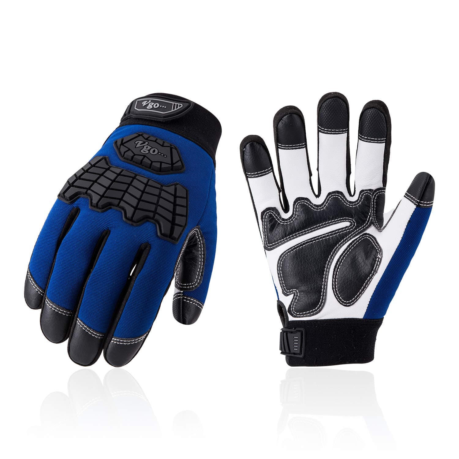 Vgo... 1 Pair Men's Medium Duty Goat Leather Work Gloves,Touchscreen Compatible, hook and loop cuff (Size M, Blue, GA9700)