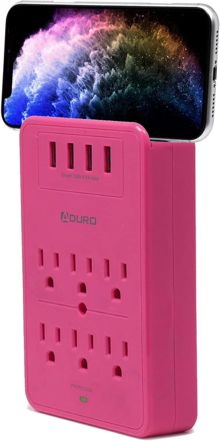 Aduro Surge Protector 6 Outlets Power Strip Station with USB (4 Ports 4.8A) Wall Mount Multiple Outlet Splitter Extender Adapter with Phone Shelf Stand ETL Listed, Pink