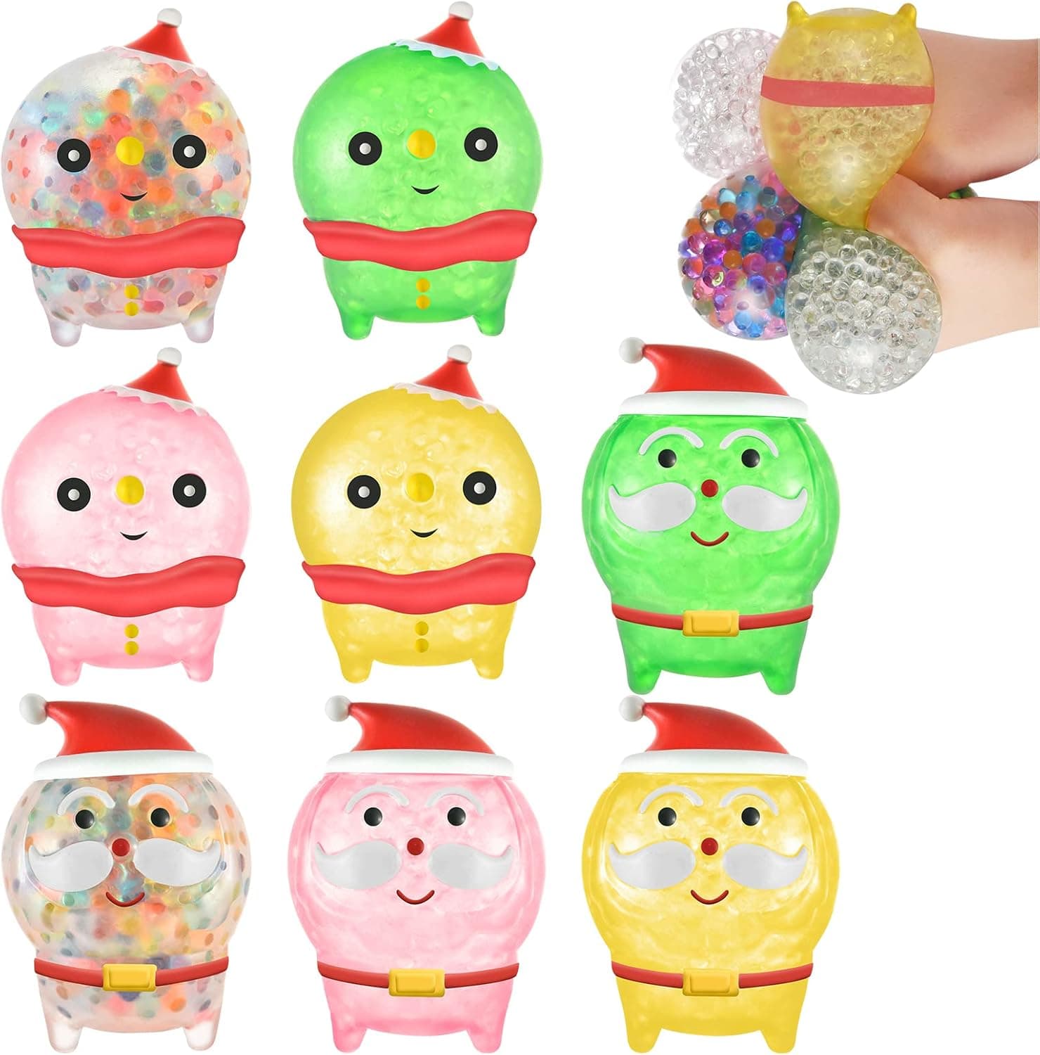 Christmas Stress Balls Toys Cute Santa Claus Snowman Squishy Fidget Toys for Kids, Sensory Squeeze Balls Filled with Water Beads, Christmas Party Favors Gift Classroom Rewards Sock Fillers (B-8PC)