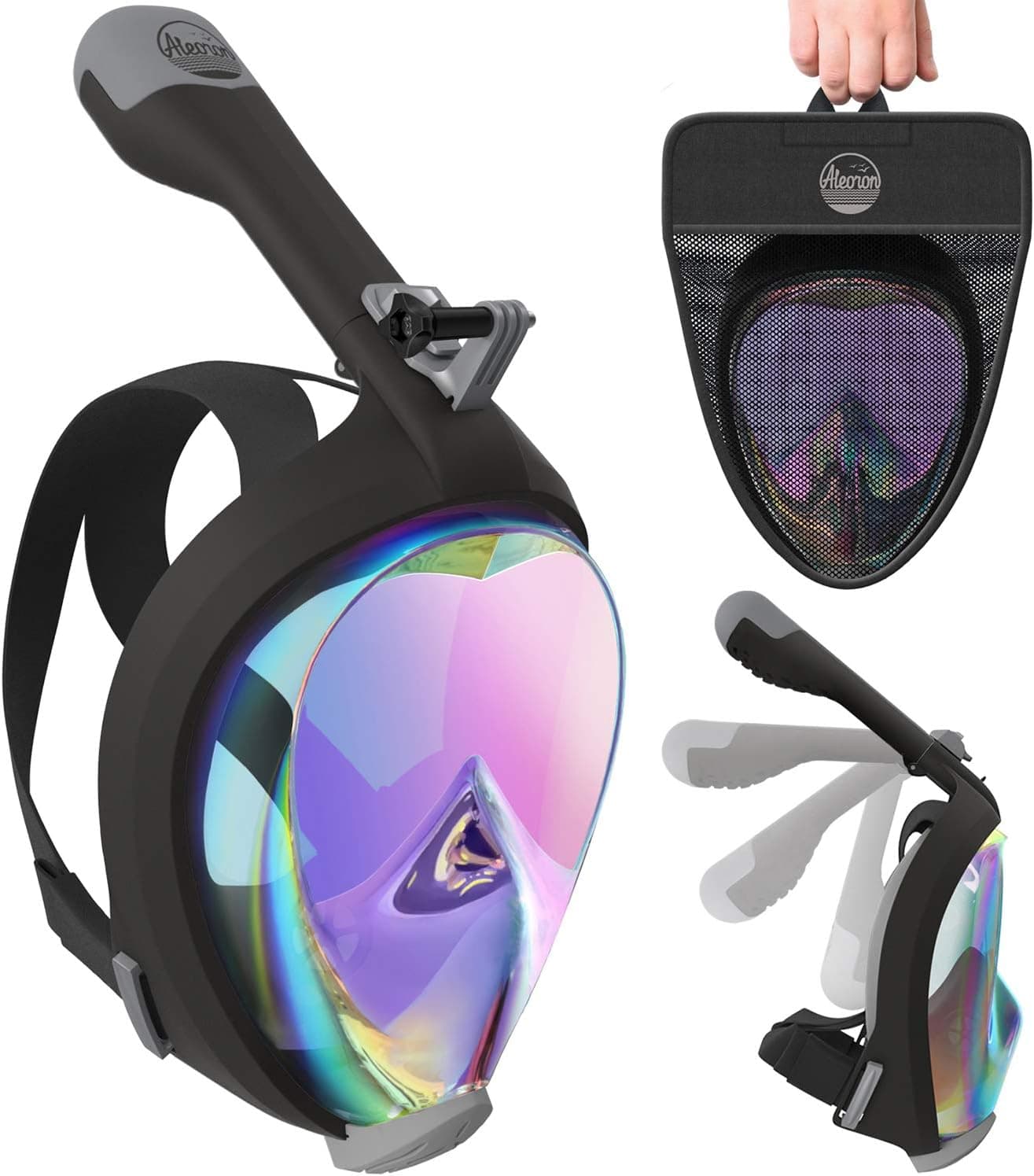 Aleoron - Foldable Full Face Snorkel Mask for Adults and Youth (Women & Men) - Anti Fog Snorkeling Mask Full Face with Action Camera Mount - UV Panoramic 180 Dive Mask Seaview Diving Mask Set