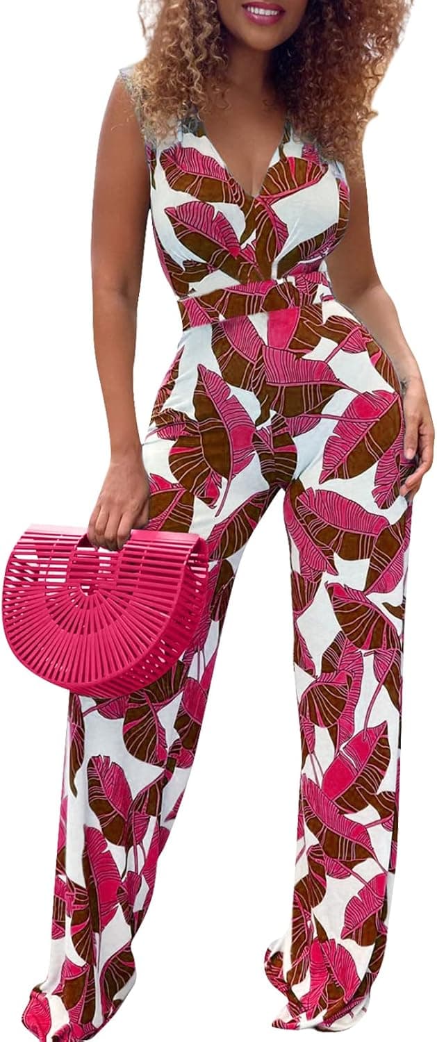 YouSexy Women's Summer Casual Jumpsuits Deep V Neck Sleeveless High Waist Wide Leg Stretchy Jumpsuits