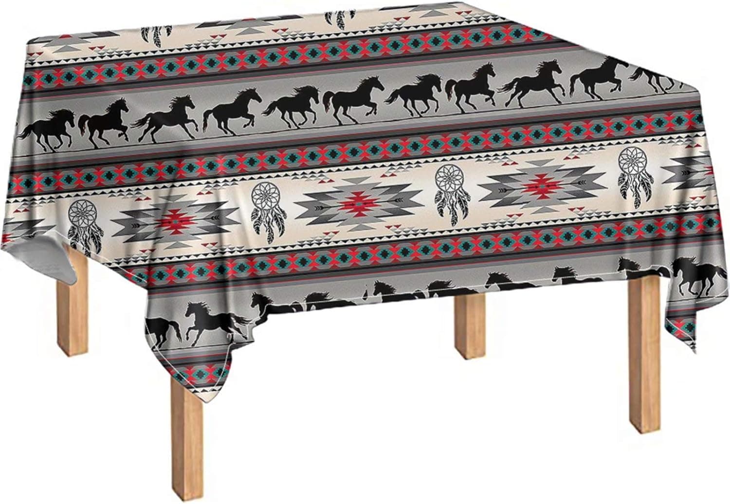 Snilety Rectangle Table Cloth Aztec Geometric Horse Design Tablecloth, Decorative Fabric Table Cover for Outdoor and Indoor Use, 52 x 70 Inch, Gray