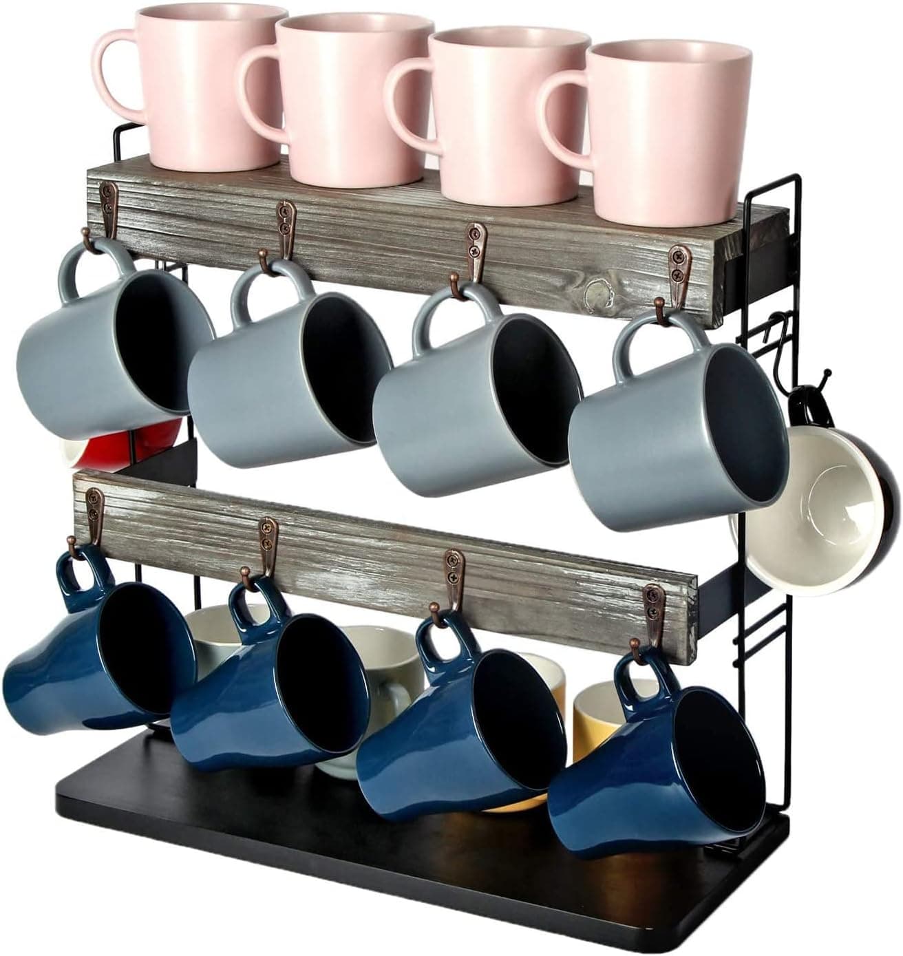 J JACKCUBE DESIGN Rustic Wood Countertop 2 Tier Coffee Mug Cup Rack Holder Stand with Metal Frame and Wooden Shelf for Coffee, Tea Cups Display Organizer with 10 Hooks - MK651A