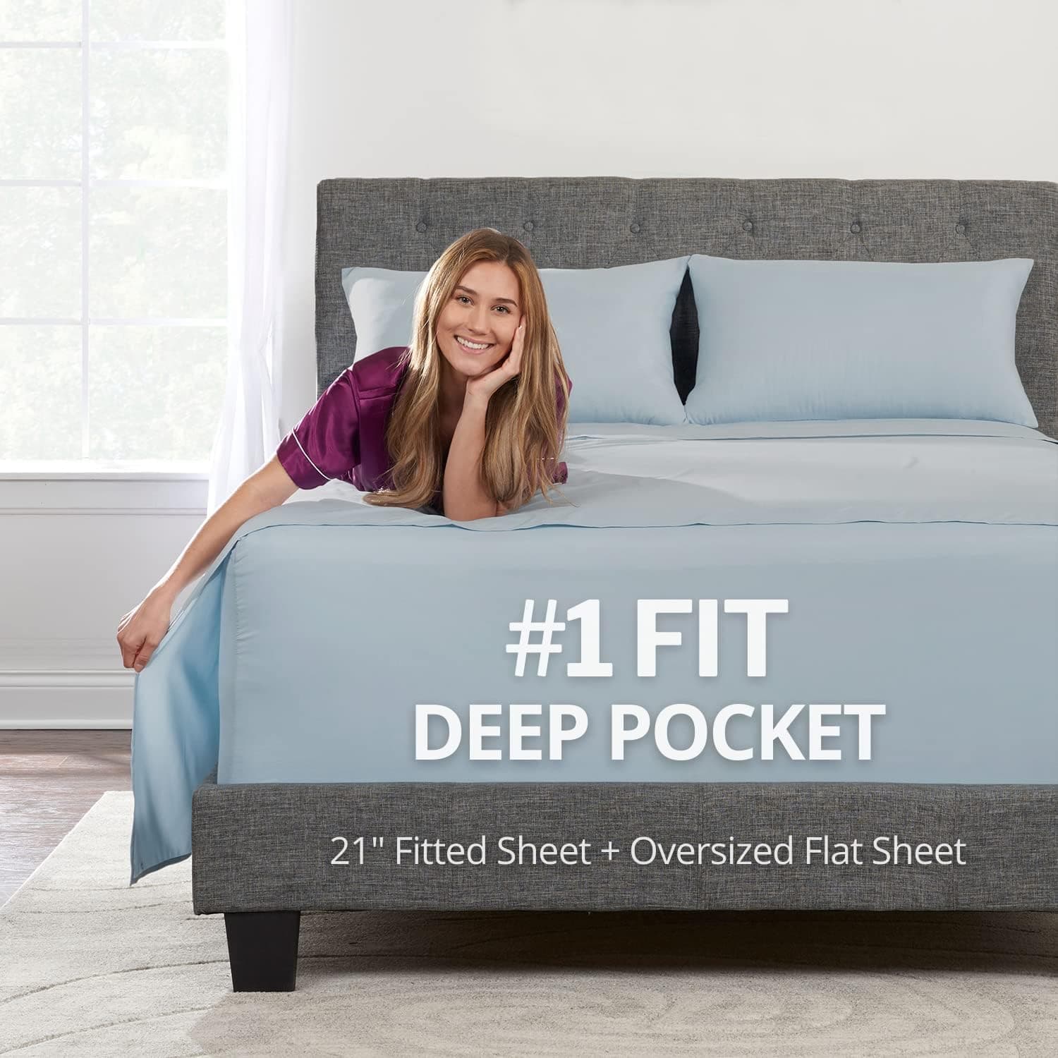 Extra Deep Pocket Full Bed-Sheets – 4-Piece Includes: 18”-21” Inch Super Extra Deep Pocket Fitted Sheet – Oversize Flat Sheet – 2 Zipper Closure Pillowcases – Perfectly Fit – Full Size – Light Blue