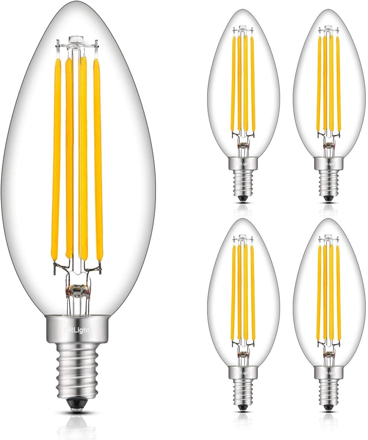 CRLight 8W Dimmable Large LED Candelabra Bulb 80W Equivalent 800Lumen, 3000K Soft White E12, Lengthened & Enlarged B17 Clear Candle E12 LED Filament Chandelier Light, Smooth Dimming Version, 4 Pack