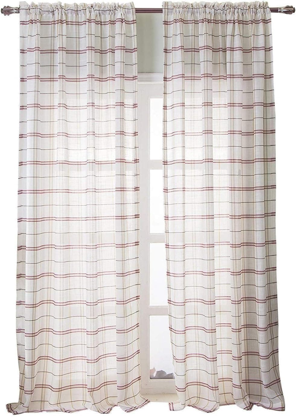 MEIYIMI 2 Panels Striped Sheer Curtains Classic Red and Taupe Checkered Linen Textured Gingham Country Window Curtains for Bedroom(Red,52"×63")