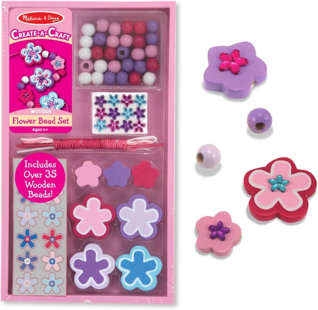 Melissa & Doug Wooden Flower Bead Set With 35+ Beads and 3 Cords for Jewelry-Making