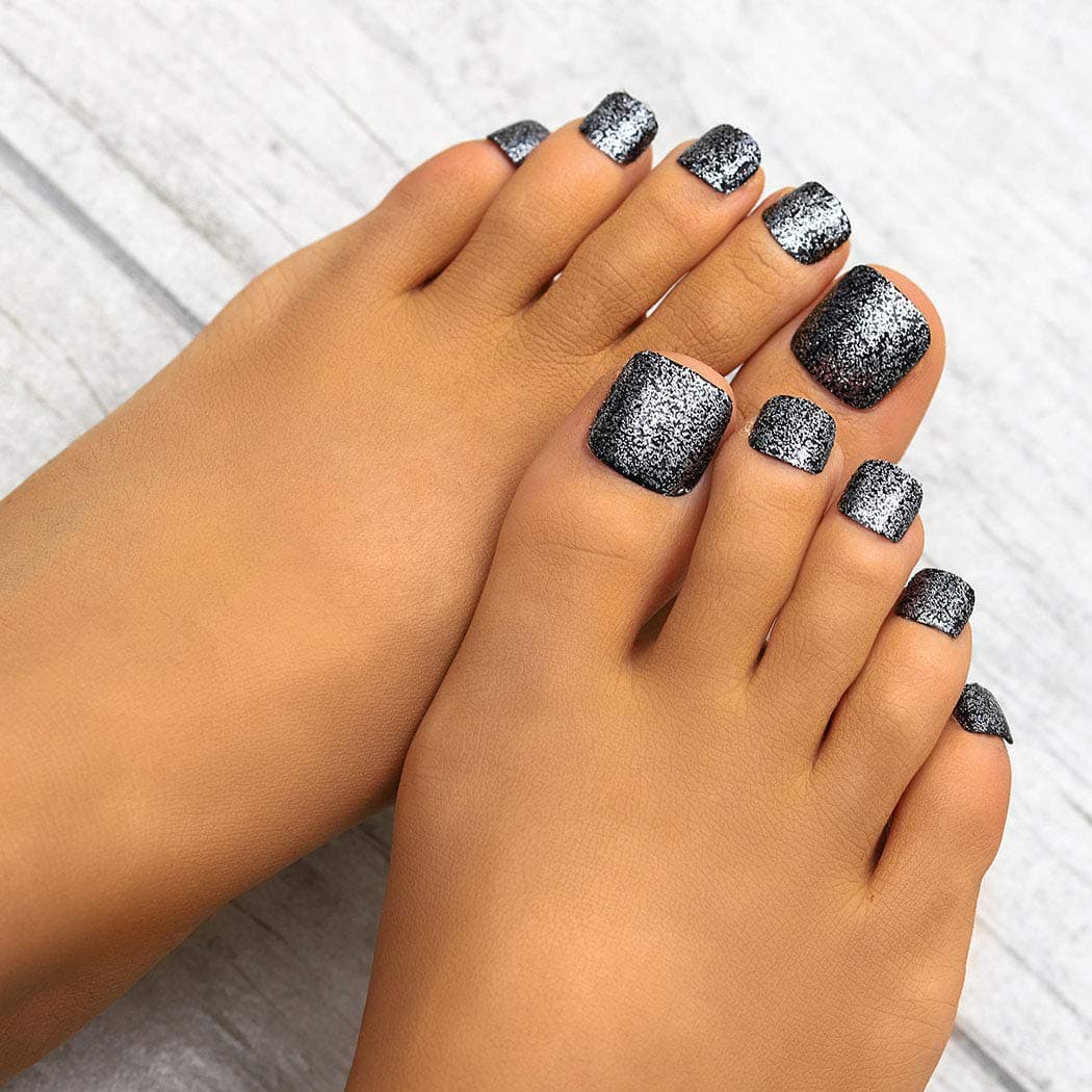 Campsis False Toenails Glitter Toe Nails Short Press on Toenails Full Cover Nils Party Prom Foot Fake Nails for Women and Girls(Pack of 24)