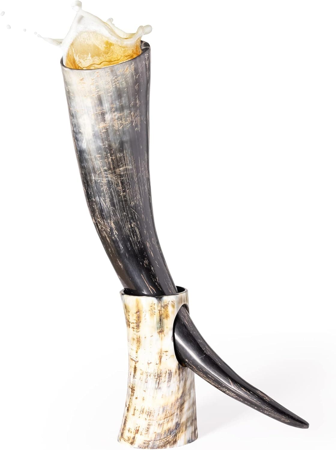 AleHorn Viking Horn Mug with Stand - Handcrafted Tankard Drinking Cup for Beer and Coffee - Viking Decor - Polished - 20 oz
