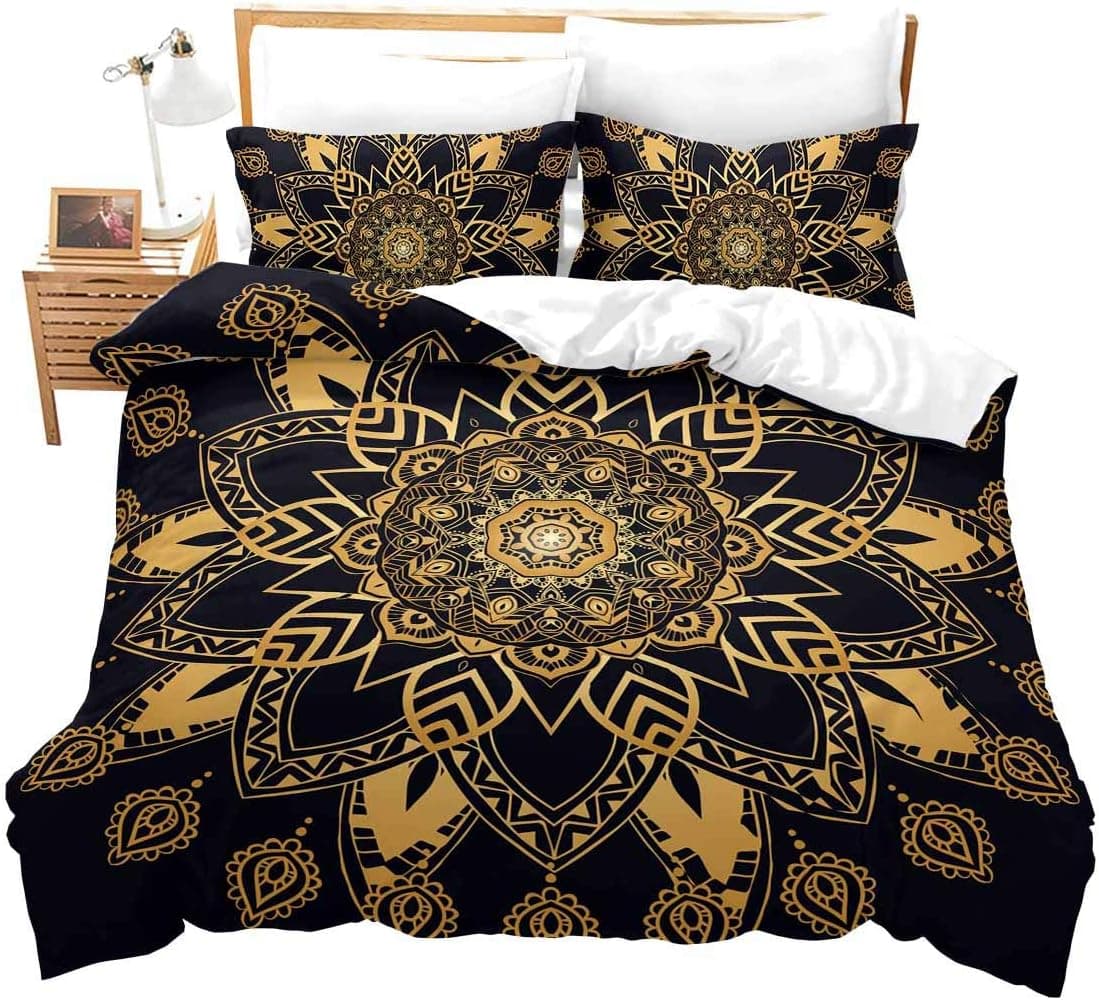 Bohemian Mandala Duvet Cover Set King, Black Golden Boho Chic Mandala Bedding Set 3pcs Soft Microfiber Decorative Gold Mandala Comforter Cover with Zipper Closure, Mandala Floral Printed Bed Cover