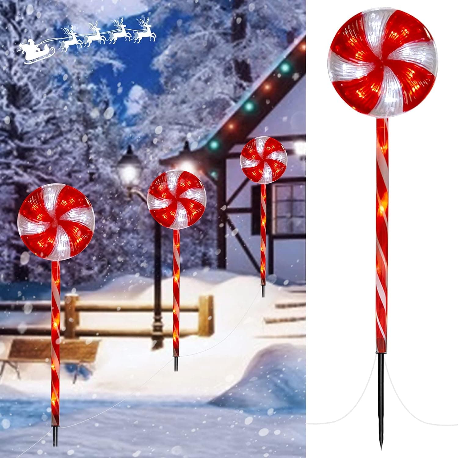 Lollipop Christmas Pathway Lights Outdoor - 8 Lighting Modes Waterproof String Lights Plug in for Holiday Lawn Yard Patio Walkway Markers, 10 Pack